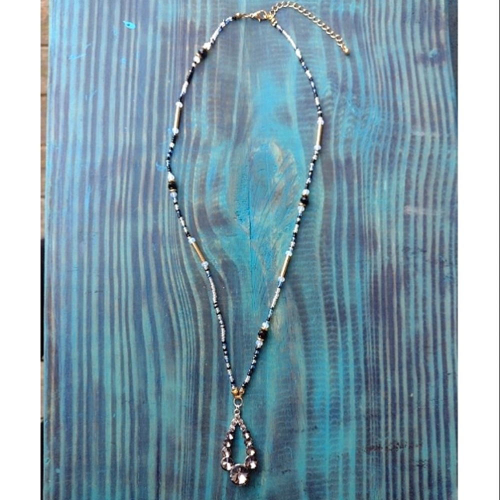 Women's Blue & Black Beaded Necklace with Teardrop Shaped Jeweled Pendant